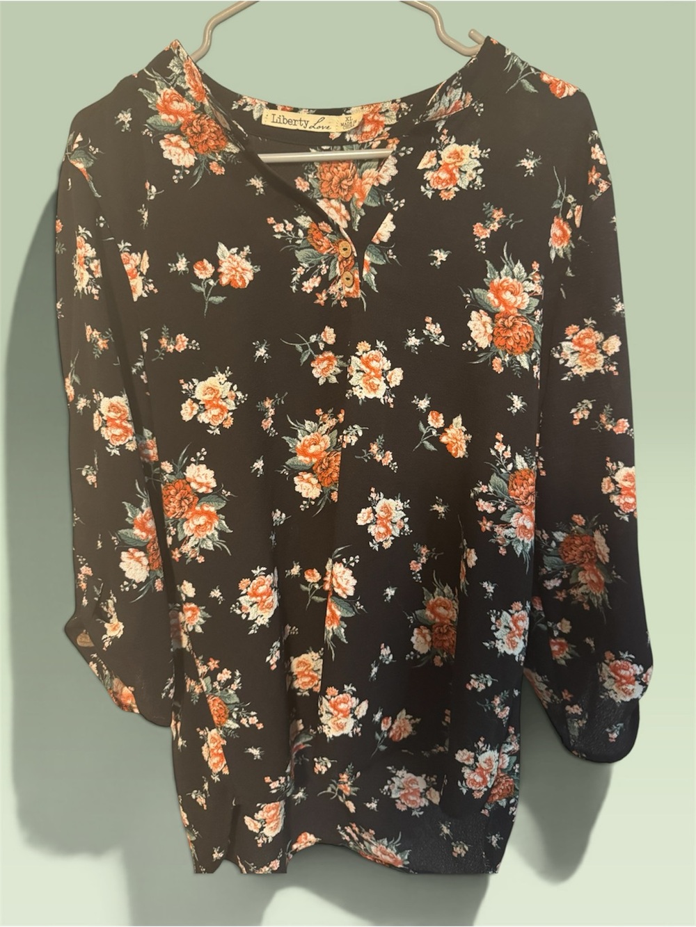 Liberty Love Black Floral Split-Neck Blouse with Orange Blooms